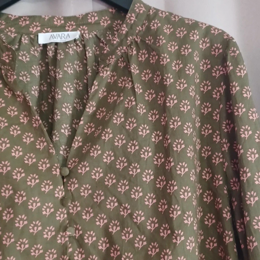 Avara Olive Green Pink Floral Long Balloon Sleeve Top, Split Neck Button Placket
